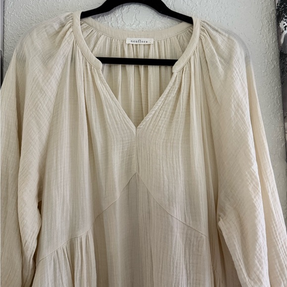 Neuflora Mayfield 100% Cotton Cream Long Sleeve Women's Dress with Pockets - Picture 3 of 15